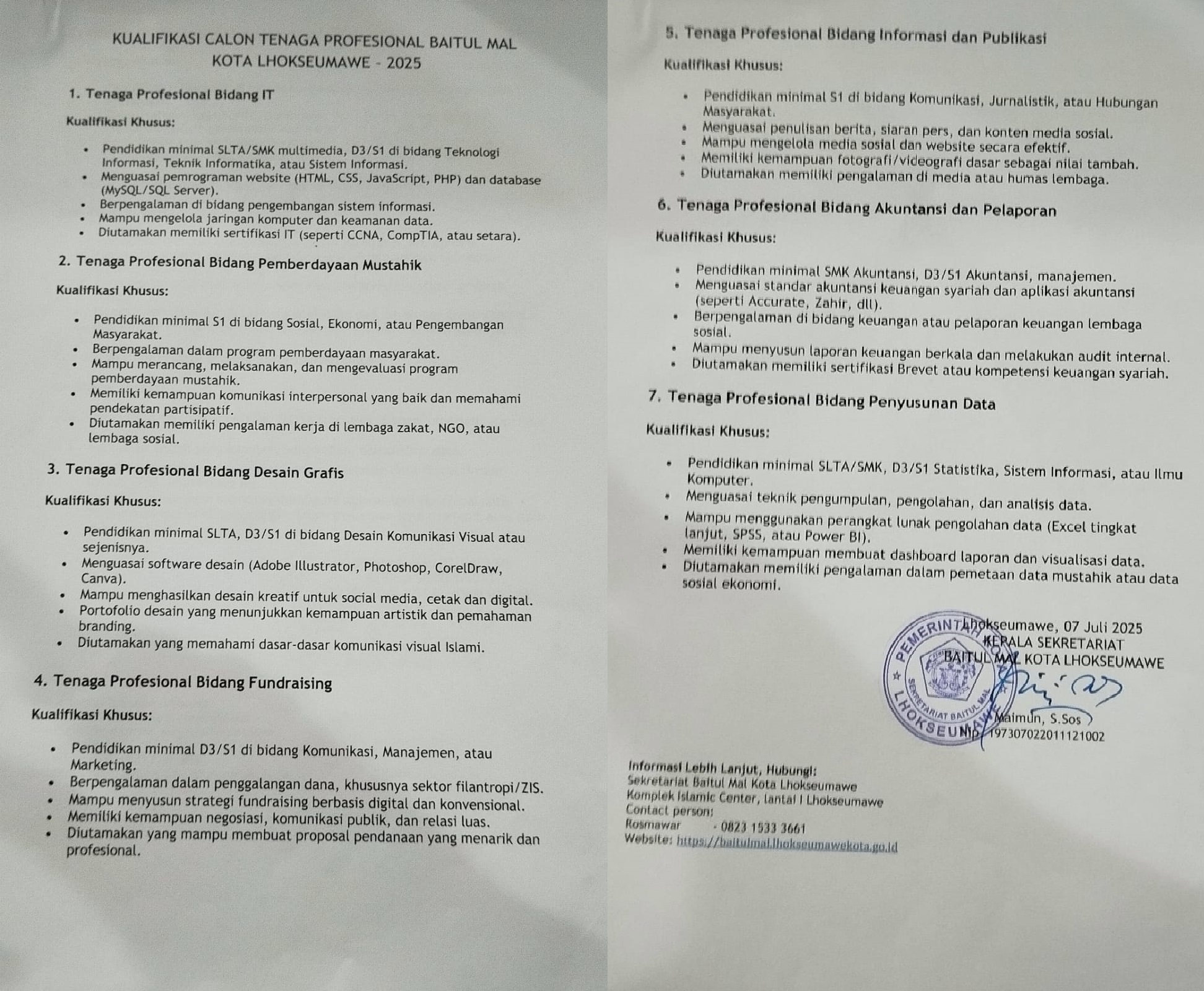 Kualifikasi Calon Tenaga Profesional Baitul Mal Kota Lhokseumawe